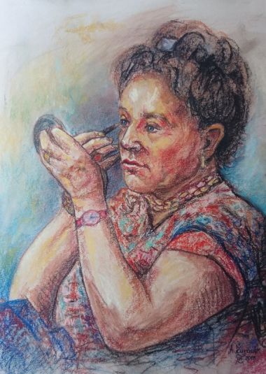 Kobieta z lusterkiem, 59x42, pastel, 2018
